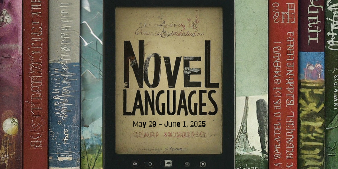 A poster of the Novel Languages conference, featuring a photo of text on a digital tablet and the dates May 29 - June 1, 2025